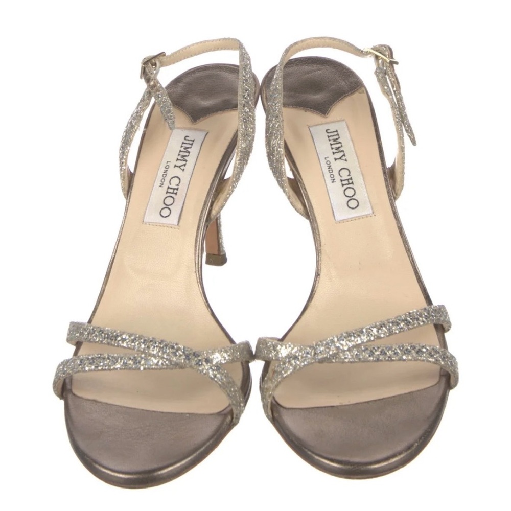 Jimmy Choo Metallic Silver Glitter Strappy Heels